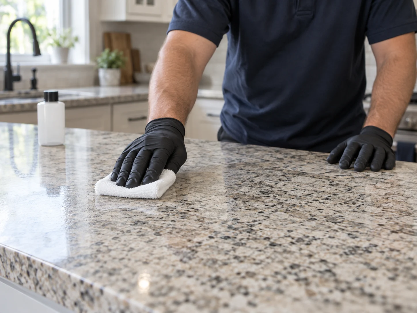 Service illustration of a technician applying sealer to a granite countertop
